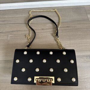 Zac Posen Earthette Pearl Lady Mini Chain Leather Purse Bag NEW Black & Gold‎